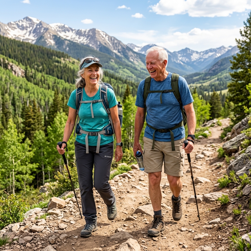 Happy senior couple hiking on a sunny trail